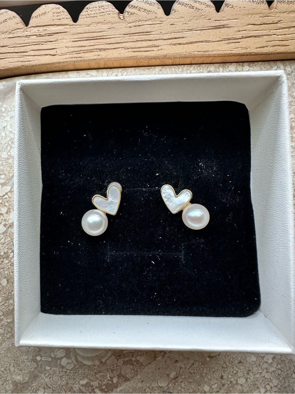Heart and genuine Pearl Stud Earrings - White Pearl Accent
